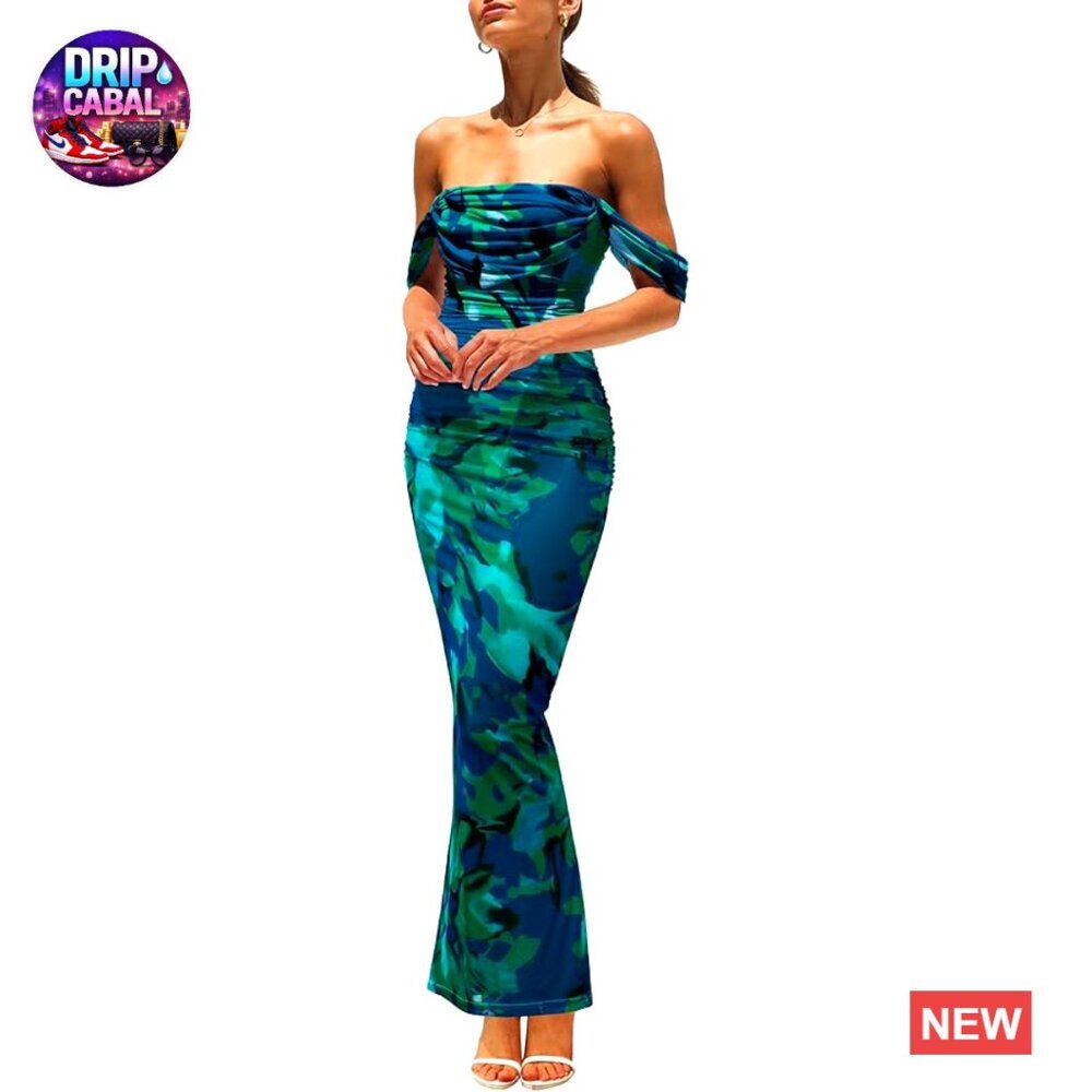 Floral Off Shoulder Ruched Mesh Maxi Dress Wedding Guest Cocktail